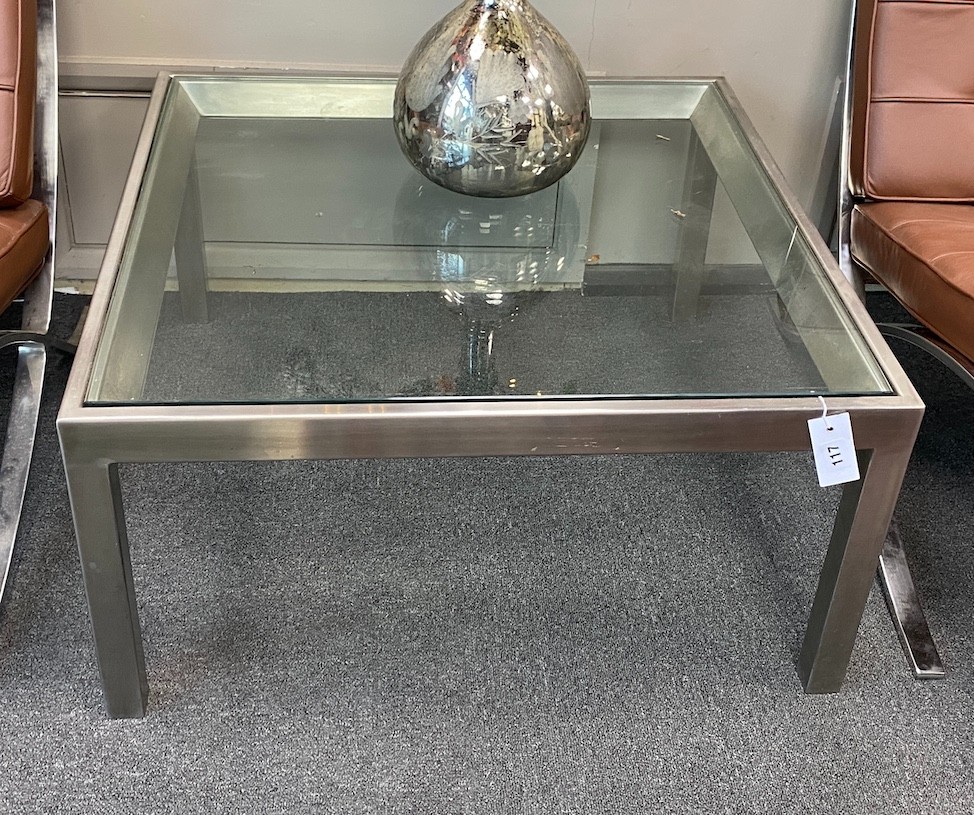 A contemporary square glass top coffee table, width 76cm, height 38cm
